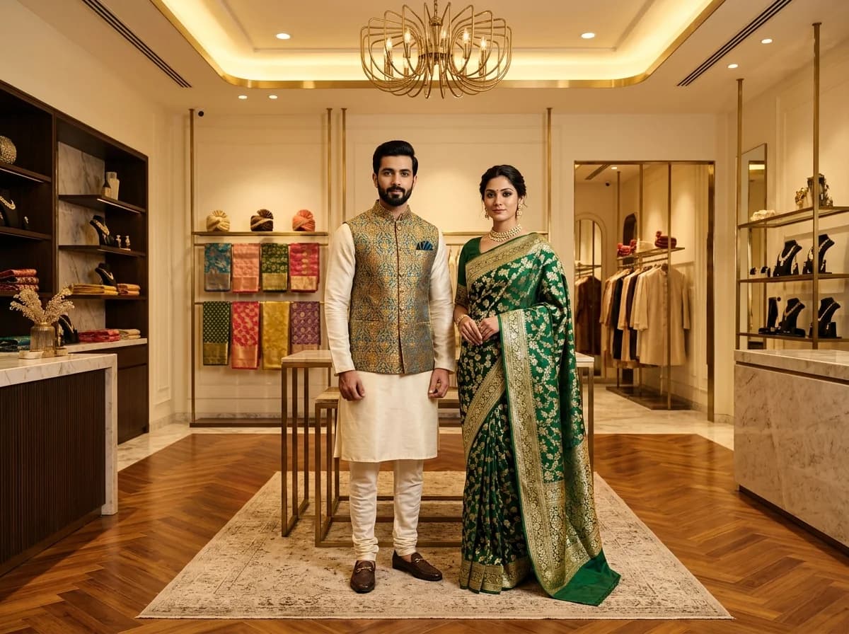 Showroom display of ethnic wear including sarees, kurtas, and sherwanis for men and women