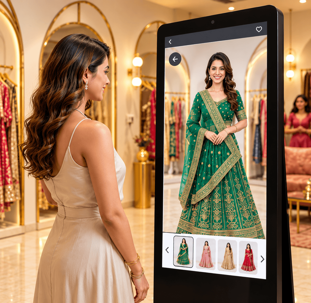 Customer admiring a realistic virtual drape preview on the smart mirror display